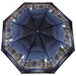 Серый атласный зонтик с городом, Три Слона, полный автомат, 3 сл.,арт.3884-9
