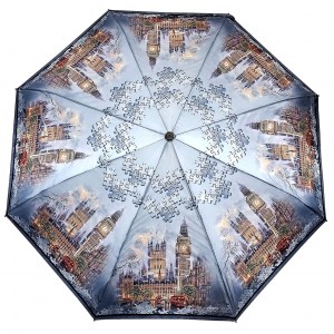 Серый атласный зонтик с городом, Три Слона, полный автомат, 3 сл.,арт.3884-11