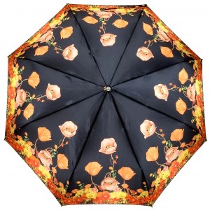 Черный женский зонтик с маками, Три слона, автомат, арт.3880-48