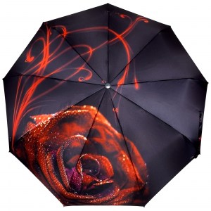 Черный атласный зонт с розой, Robin, автомат, арт.3009-1