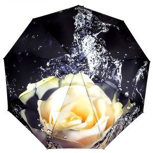 Черный атласный зонт с розой, Robin, автомат, арт.3011-4