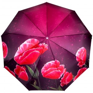 Малиновый атласный зонт с маками, Robin, автомат, арт.3011-5