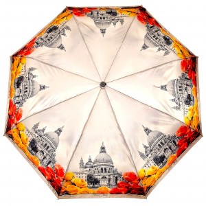 Кремовый атласный зонтик  с собором, Три Слона, полный автомат, 3 сл.,арт.3884-5