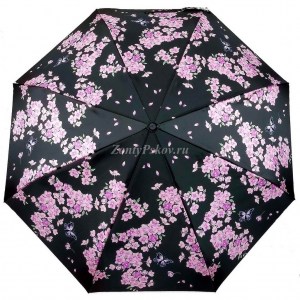 Черный атласный зонтик с цветами, Три слона, автомат, арт.880 63
