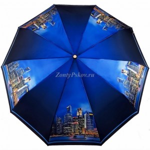 Синий зонт с городом, 10 спиц Три Слона, автомат, арт.320-8