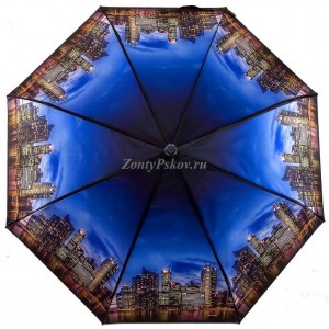 Синий атласный зонтик с городом, Три Слона, полуавтомат, 3 сл.,арт.882А 32