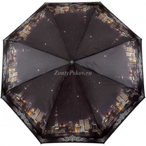 Черный атласный зонтик с городом, Три Слона, полный автомат, 3 сл.,арт.884A 30
