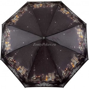 Черный атласный зонтик с городом, Три Слона, полуавтомат, 3 сл.,арт.882 25