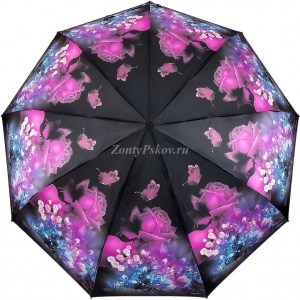 Черный атласный зонт с цветами Zicco, автомат, арт.2140-3