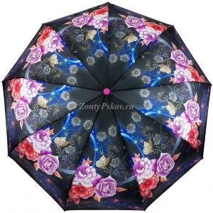 Черный атласный зонт с цветами Zicco, автомат, арт.2140-4