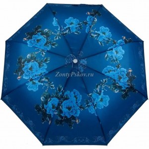 Синий зонт с цветами, в три сложения, Unipro, полуавтомат, арт.203