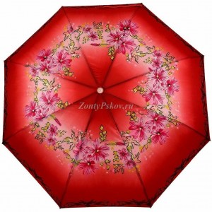 Красный зонт с цветами, в три сложения, Unipro, полуавтомат, арт.203-10