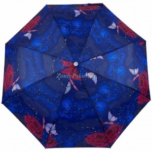 Синий зонт с розами, в три сложения, Unipro, полуавтомат, арт.204-5