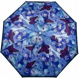 Голубой зонт с бабочками, в три сложения, Unipro, полуавтомат, арт.204-7