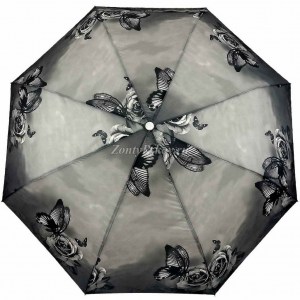 Серый зонт с бабочками, в три сложения, Unipro, полуавтомат, арт.204-10