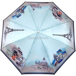 Атласный зонт цвета морской волны Три слона с городом, автомат, арт.3845-1